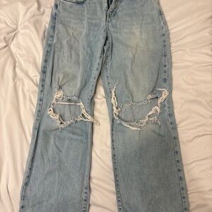 Forever 21 Distressed Light Blue Straight Jeans